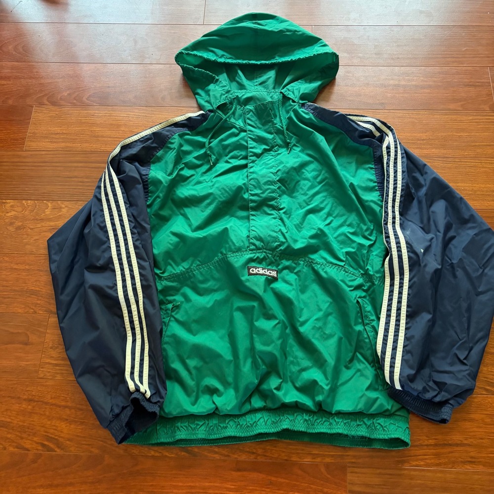 Vintage Adidas Windbreaker XL Green Navy Blue Quarter Zip Fisherman Jacket